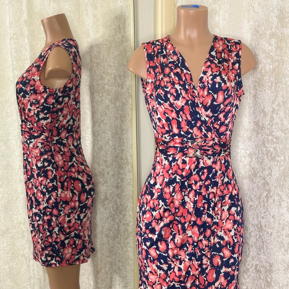 Morgan de Toi Pink and Blue Ruched Sheath Dress